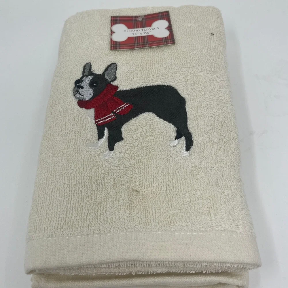 Christmas Hand Towels Boston Terrier French Bulldog Dog Embroidered 2 Piece Set